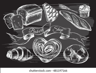 Hand drawn set of bread and pastries. Vector illustration. Menu or signboard template for bakery and cafe.