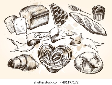 Hand drawn set of bread and pastries. Vector illustration. Menu or signboard template for bakery and cafe.