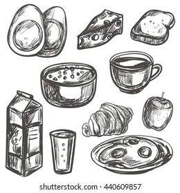 Hand drawn Set of breakfast food. Isolated vector illustration for identity, design, menu,decoration, packages product and interior decoration