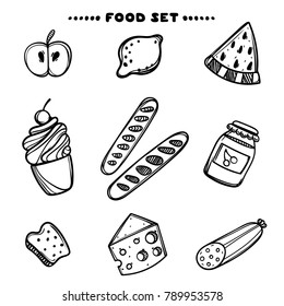 Hand drawn set of breakfast food. Sketch concept illustration. Linear graphic. Food set