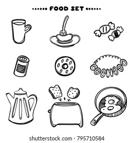 Hand drawn set of breakfast food. Sketch concept illustration. Linear graphic. Food set