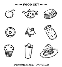 Hand drawn set of breakfast food. Sketch concept illustration. Linear graphic. Food set