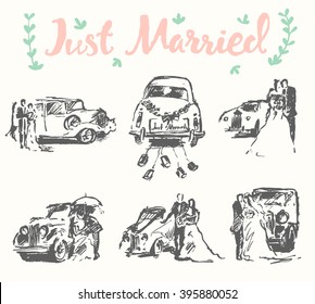 Hand Drawn Set Of Bride And Groom With Old Fashioned Car, Vector Illustration, Sketch