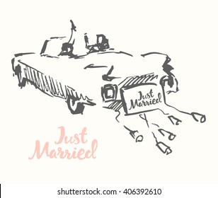 Hand drawn set of bride and groom with old fashioned car, vector illustration, sketch