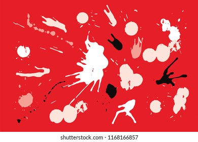 Hand drawn set of bright ink spots on red background. Paint splat set ink. Splat drop vector. Blood splash. Paint blob.