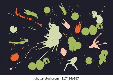 Hand drawn set of bright ink spots on a dark background. Paint splat set ink. Splat drop vector. Blood splash. Paint blob.