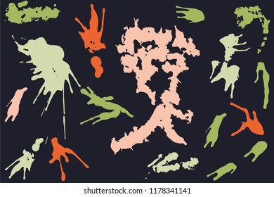 Hand drawn set of bright ink spots on a dark background. Paint splat set ink. Splat drop vector. Blood splash. Paint blob.