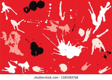 Hand drawn set of bright ink spots on red background. Paint splat set ink. Splat drop vector. Blood splash. Paint blob.