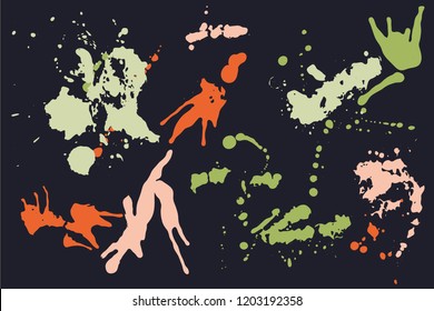Hand drawn set of bright ink spots on a dark background. Paint splat set ink. Splat drop vector. Blood splash. Paint blob.