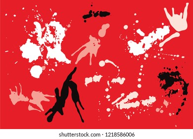 Hand drawn set of bright ink spots on red background. Paint splat set ink. Splat drop vector. Blood splash. Paint blob.
