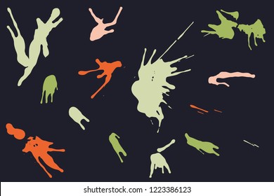 Hand drawn set of bright ink spots on a dark background. Paint splat set ink. Splat drop vector. Blood splash. Paint blob.