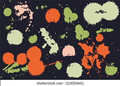 Hand drawn set of bright ink spots on a dark background. Paint splat set ink. Splat drop vector. Blood splash. Paint blob.