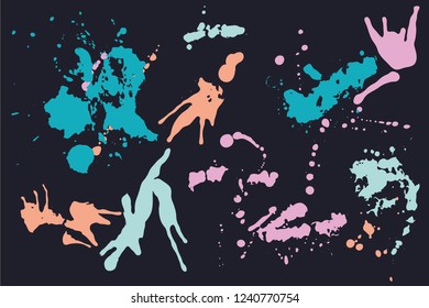 Hand drawn set of bright ink spots on a dark background. Paint splat set ink. Splat drop vector. Blood splash. Paint blob.