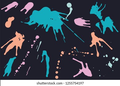 Hand drawn set of bright ink spots on a dark background. Paint splat set ink. Splat drop vector. Blood splash. Paint blob.