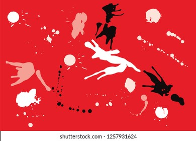 Hand drawn set of bright ink spots on red background. Paint splat set ink. Splat drop vector. Blood splash. Paint blob.