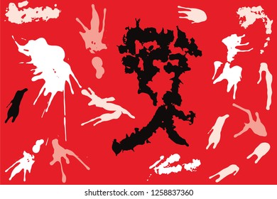 Hand drawn set of bright ink spots on red background. Paint splat set ink. Splat drop vector. Blood splash. Paint blob.