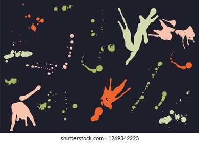 Hand drawn set of bright ink spots on a dark background. Paint splat set ink. Splat drop vector. Blood splash. Paint blob.