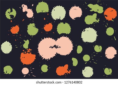 Hand drawn set of bright ink spots on a dark background. Paint splat set ink. Splat drop vector. Blood splash. Paint blob.