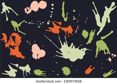 Hand drawn set of bright ink spots on a dark background. Paint splat set ink. Splat drop vector. Blood splash. Paint blob.