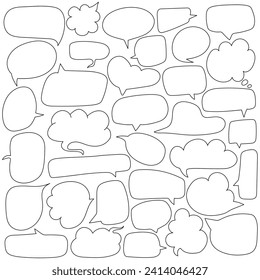 Hand drawn set of bubble speech. Line vector doodles of conversation clouds, sketch elements