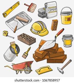 Hand drawn set of Building materials. Colored element for house repair, building.  Isolated on white background.