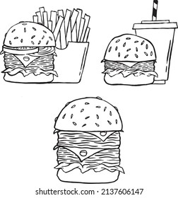 Hand drawn set burger, drink and French fries.
