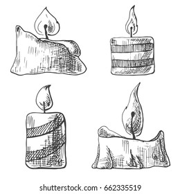 Hand drawn set of burning candles. Vector illustration of a sketch style.