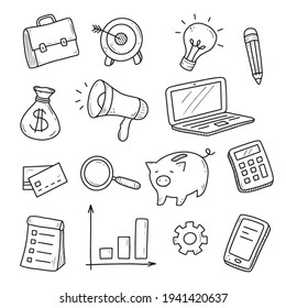 Hand drawn set of business and finance elements, coin, calculator, piggy, money. Comic doodle sketch style. Business element drawn by digital brush-pen. Vector illustration for icon, background, logo