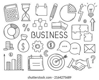 Hand drawn set of Business and finance doodle. Diagrams, money, calendar, handshake, calculator in sketch style. Vector illustration isolated on white background.