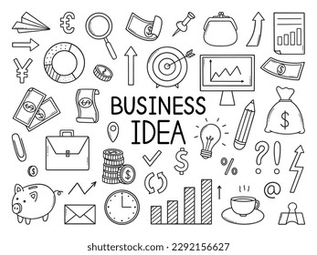 Juego de garras dibujado por la mano del doodle de ideas de negocios. Diagramas, dinero, billetes en dólares, monedas, bolsos de dinero en forma de boceto. Ilustración vectorial aislada en fondo blanco.