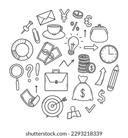Hand drawn set of Business idea doodle. Diagrams, money, dollar Banknotes, coins, money bag in sketch style. Vector illustration isolated on white background.