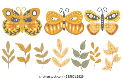 Hand drawn set of butterflies and leaves. Autumn moths, foliage and twigs, isolated clip art, vector illustration