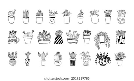 Hand drawn set of cactus and flowers pots. Doodle illustration house plants 