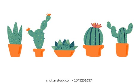 hand drawn set of cactus in pot