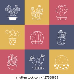 Hand drawn Set of Cactus in the pots. Line icons set. Illustration for poster and header, banner, icons and other flat design web elements
