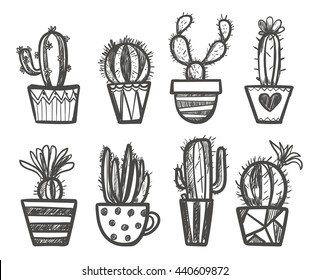 Hand drawn Set of Cactus in the pots. Isolated vector illustration for identity, design, decoration, packages product and interior decoration