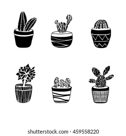 Hand drawn set of Cactus in the pots. Different types. Vector illustration in engraving style for decoration, cards, background, wrapping and design.  