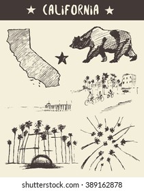 Hand drawn set of California state, vector illustration, sketch