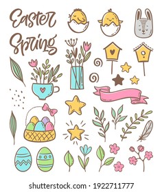 Hand drawn set of calligraphy, eggs, flowers, birds, other elements. Easter vector collection of illustrations for invitation greeting card, poster, scrapbooking, sticker, tag kit, social media design