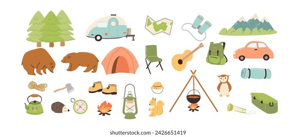 Hand drawn set of camp equipment with nature elements. Vector illustration can used for camp banner, greeting card, stickers. Hiking equipment, transport trailer and car. Summer vacation trip elements