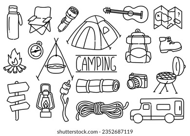 Hand drawn set of camping doodle icons. Holiday Vacation traveling journey illustrations