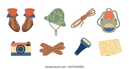 Hand drawn Set of camping elements, vector collection. Boots, rope, map, camera, khaki panama hat, backpack, flashlight, firewood