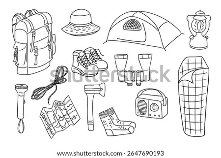 Hand drawn set of camping gear including backpack, tent, boots, and tools for outdoor adventure. Represents the concept of exploration, travel, and survival in nature
