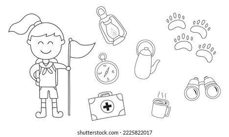 conjunto hecho a mano de material de camping. Pequeño y lindo chico está acampando en el salvaje.