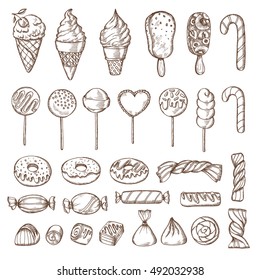 Hand drawn set of candies, cake pops, ice cream and donuts. Retro vintage vector illustration in style of engraving.