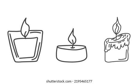 Hand drawn set of candles. Doodle candles. Burning aroma candles in glass jars doodle