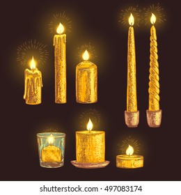 Hand drawn set of candles. Retro sketches isolated. Christmas festive collection. Doodle line graphic design. Vector vintage orange and brown images. Vector illustration.