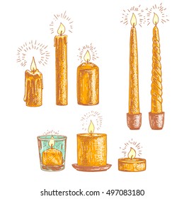 Hand drawn set of candles. Retro sketches isolated. Christmas festive collection. Doodle line graphic design. Vector vintage orange and brown images. Vector illustration.