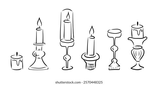 Hand drawn set of candlesticks, vintage candlesticks of different shapes and sizes, doodle candles set 