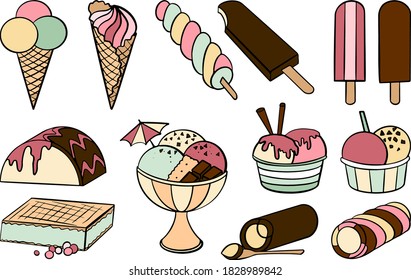 Conjunto de doodles de color caramelo dibujado a mano con diferentes tipos de helados: cono de gofre, helado de taza, palmilla. Esbozar ilustración vectorial de estilo para el menú café, tarjeta, decoración de tarjetas de cumpleaños.